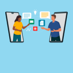 Illustration of two people standing in their cellphones talking