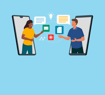 Illustration of two people standing in their cellphones talking