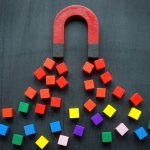 Magnet attracts coloured cubes.