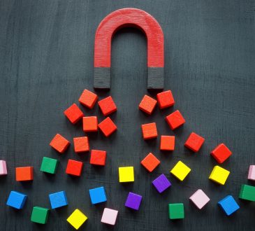Magnet attracts coloured cubes.