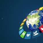 SDG icons surrounding globe on dark blue background