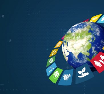 SDG icons surrounding globe on dark blue background
