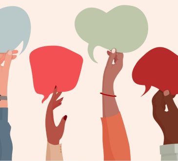 Illustration of raised hands holding speech bubbles