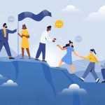 Illustration. Male and female coworkers are helping each other to climb up the mountain together.