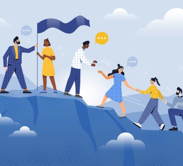 Illustration. Male and female coworkers are helping each other to climb up the mountain together.