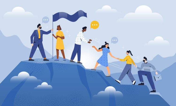 Illustration. Male and female coworkers are helping each other to climb up the mountain together.