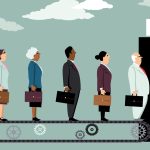 Employees on a conveyor belt leaving their jobs