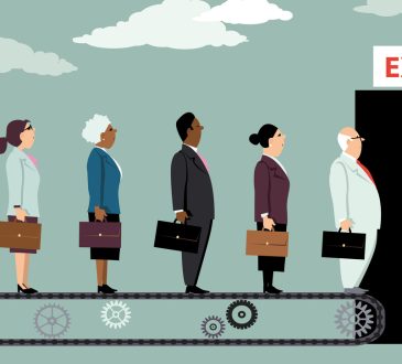 Employees on a conveyor belt leaving their jobs