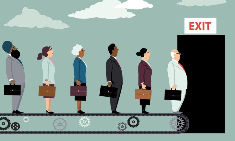 Employees on a conveyor belt leaving their jobs
