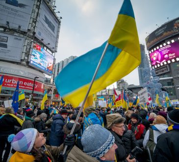 Hundreds gather to protest for Ukraine on December 15, 2013 at Yonge - Dundas Square in Toronto.