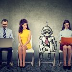 Cartoon robot sitting in line with applicants for a job interview