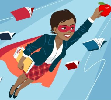 Illustration of teacher depicted as superhero wearing cape, flying through air surrounded by books