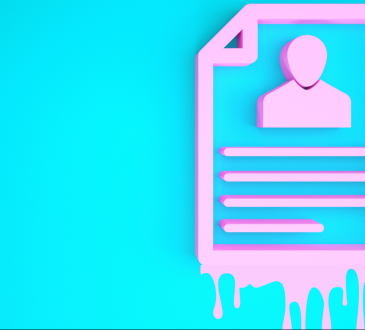 Bright blue background with vibrant pink line graphic of resume with drips coming off bottom.