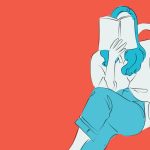 Illustration of woman reading book on orange background.