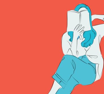 Illustration of woman reading book on orange background.