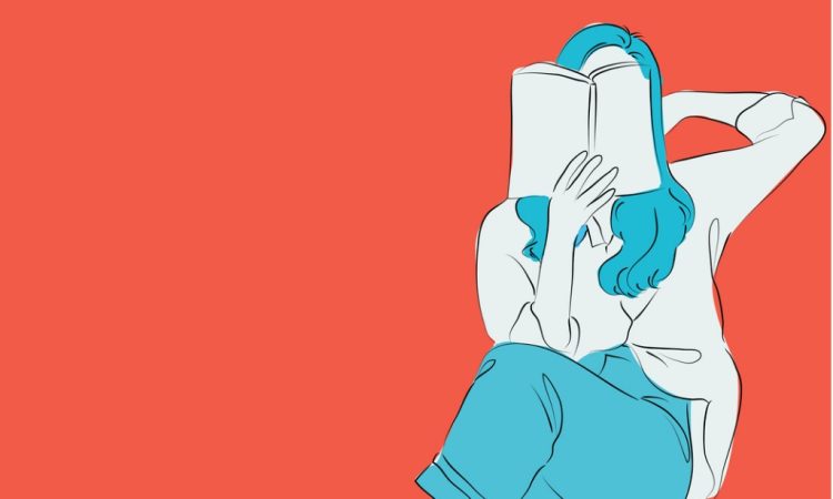 Illustration of woman reading book on orange background.
