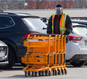 Worker wearing face shield and mask pushing grocery carts in parking lot