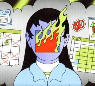Illustration of person surrounded by calendars and timetables, with face on fire.