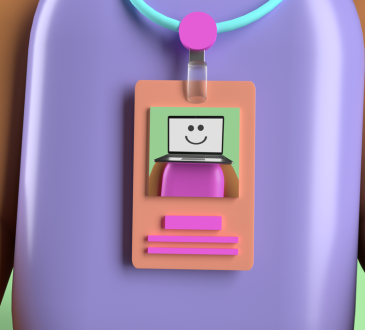 Cartoon image of torso of person with ID badge on their chest