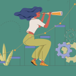 Illustration of woman looking through spyglass at ascending line of graph.