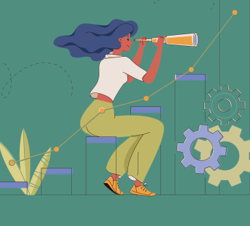 Illustration of woman looking through spyglass at ascending line of graph.