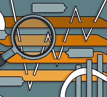 Illustration with magnifying glass over different intersecting graphs
