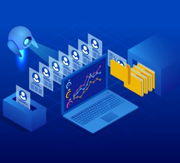 Illustration: isometric robot analyzes the database of resumes