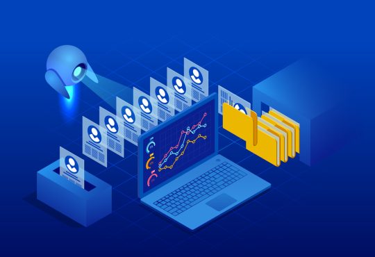 Illustration: isometric robot analyzes the database of resumes