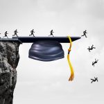 Illustration showing graduates walking across grad cap perched on cliff