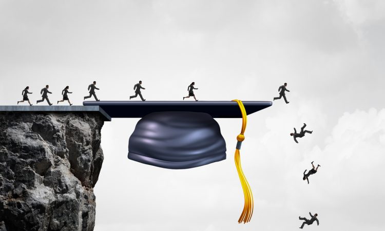 Illustration showing graduates walking across grad cap perched on cliff