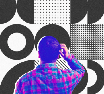 Photo illustration of man scratching head with abstract background