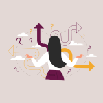 Illustration of person with long hair facing web of arrows and question marks