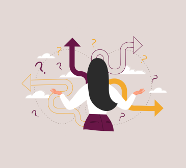 Illustration of person with long hair facing web of arrows and question marks