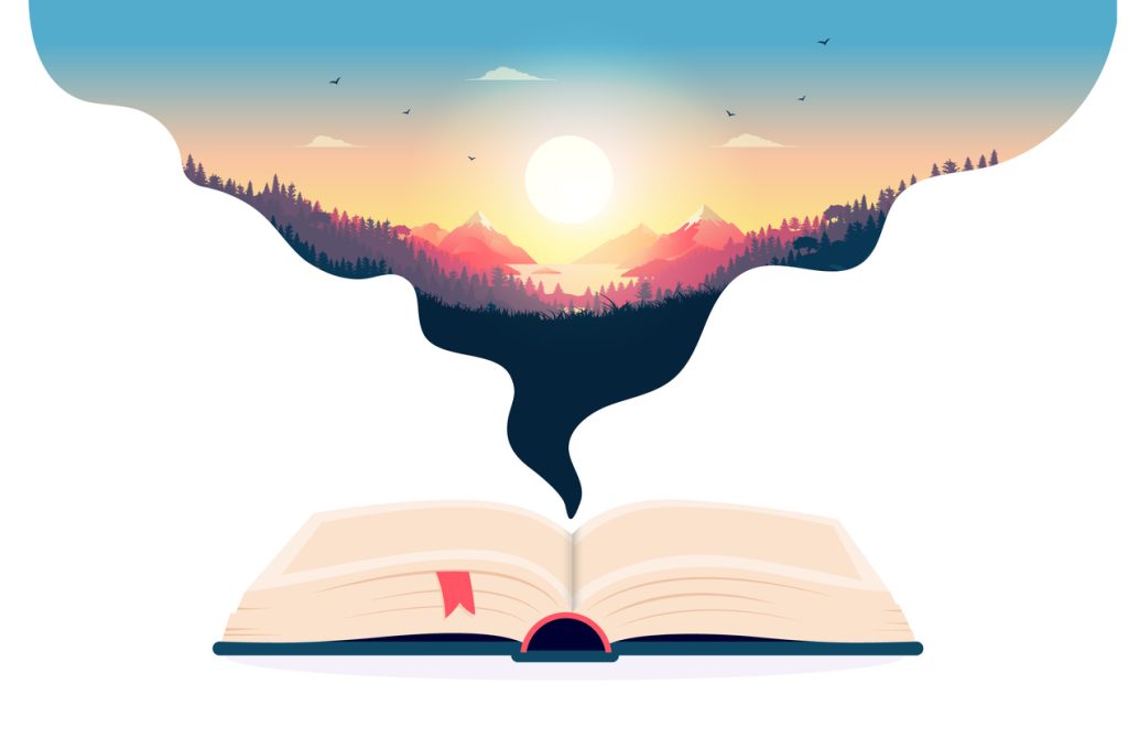 Illustration of open book with landscape coming out of it