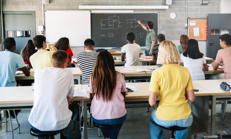 Students seen from back of classroom while teacher teaches at blackboard
