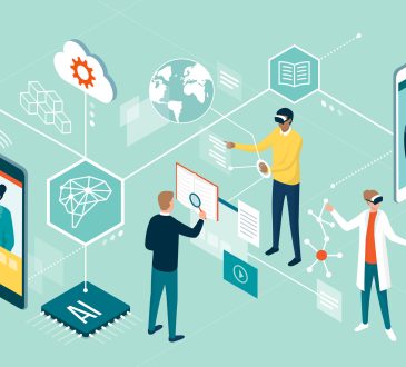 Illustration of people interacting with various technologies, such as VR and online courses
