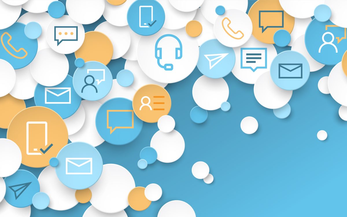 Bubbles with icons including speech bubbles, mail, person, headset