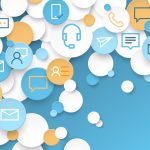 Bubbles with icons including speech bubbles, mail, person, headset