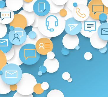 Bubbles with icons including speech bubbles, mail, person, headset
