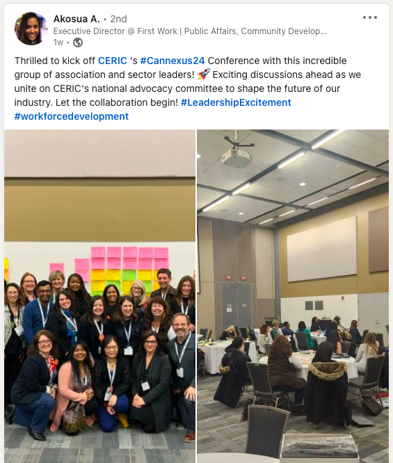 LinkedIn post: Thrilled to kick off CERIC 's hashtag#Cannexus24 Conference with this incredible group of association and sector leaders! 🚀 Exciting discussions ahead as we unite on CERIC's national advocacy committee to shape the future of our industry. Let the collaboration begin!