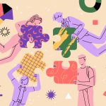 Illustration representing team building concept, with people holding puzzle pieces