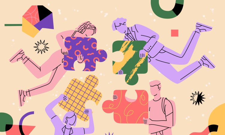Illustration representing team building concept, with people holding puzzle pieces
