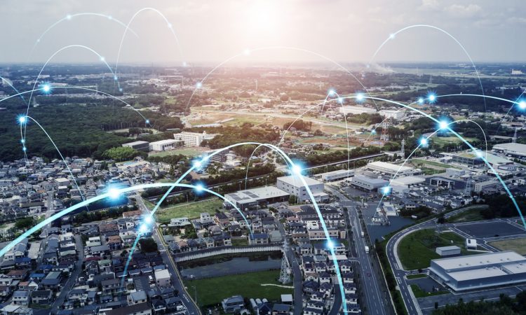 Overhead view of city with lines and dots connecting different places