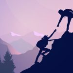Illustration showing two silhouetted people climbing mountain, with one reaching down to help the other
