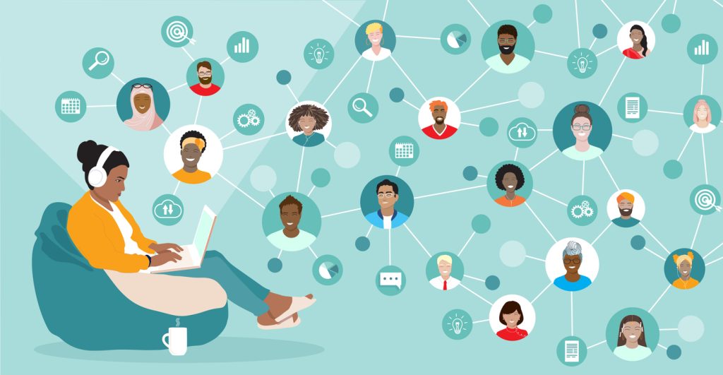Illustration of woman sitting on laptop, with web surrounding her of interconnected people