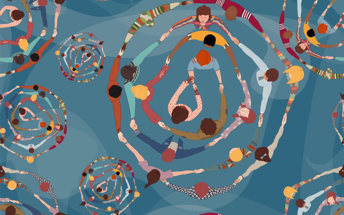 Illustration of people holding hands in spiral formation