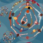 Illustration of people holding hands in spiral formation