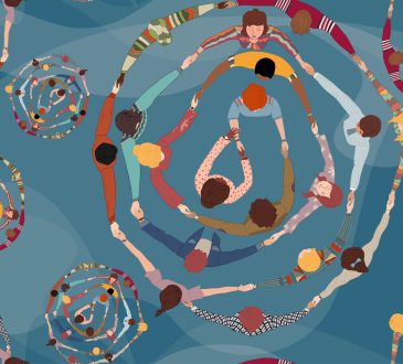 Illustration of people holding hands in spiral formation
