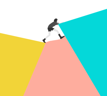 Illustration of person climbing colourful abstract shapes