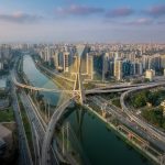 Aerial view of Octavio Frias de Oliveira Bridge in Sao Paulo, Brazil